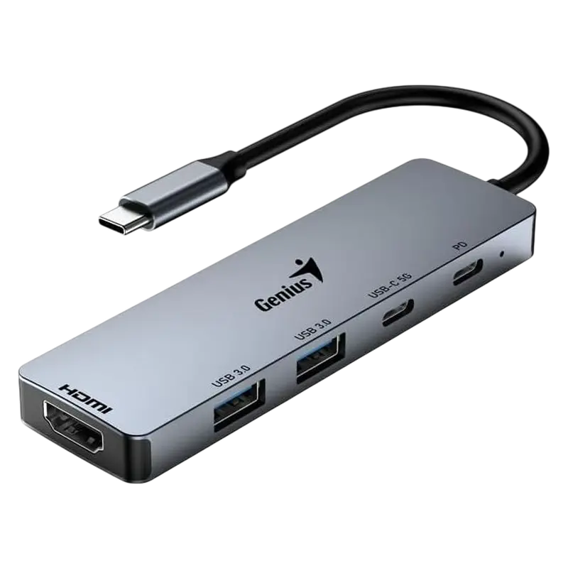 USB-C Hub 5-in-1: 100W PD x1, USB-C 3.0 x1, USB-A 3.0 x2, HDMI x1, Genius UH-500, Gray