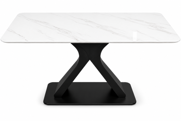 Masă de dining Marble X White 140×80 cm, blat ceramic aspect marmură albă, bază metalică neagră