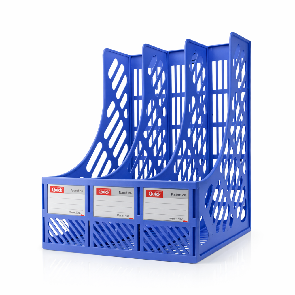 Suport documente vertical A4, 3 compartimente, albastru, organizator birou plastic, tava fisiere, suport dosare, reviste, cataloage