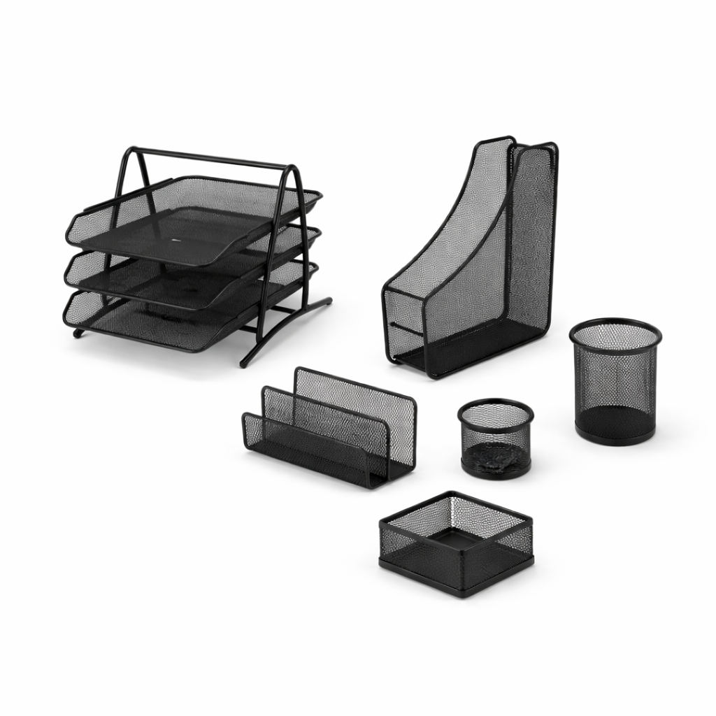 Set birou metal mesh 7 piese, organizator office complet, tavite documente, suport reviste, suport pixuri, negru