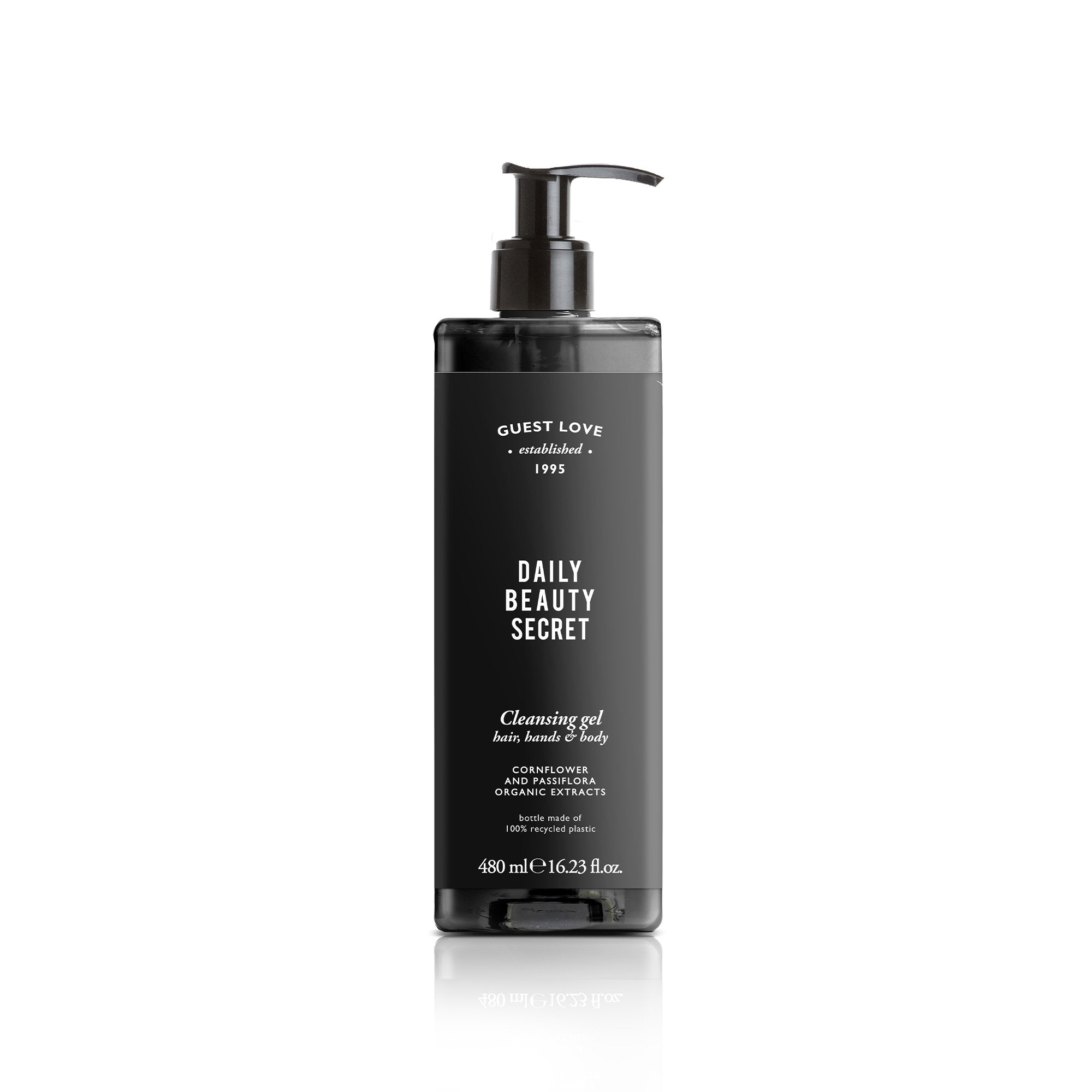 Gel 3 în 1 pentru păr, mâini și corp Guest Love 480 ml (sticlă reîncărcabilă)