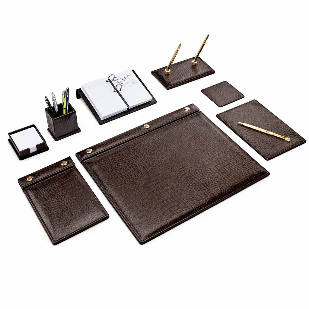 Set Birou 9 Piese Maro Croco, Piele Ecologica, Desk Pad Mare, Suport Pix, Accesorii Executive