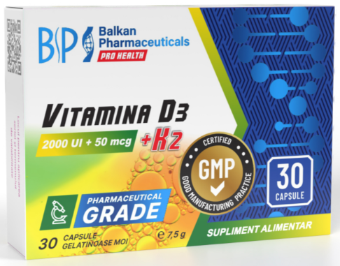 Vitamin D3 + K2 (2000 UI + 50 mcg), 30 capsule moi | Balkan Pharmaceuticals