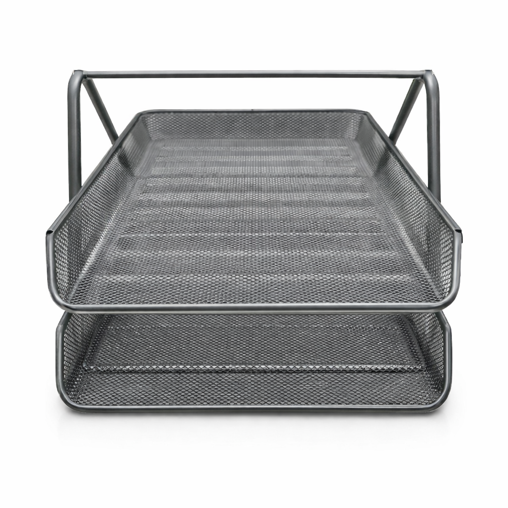 Tavita pentru documente, gri, organizator birou A4, suport hartii orizontal, tava mesh office, rezistenta