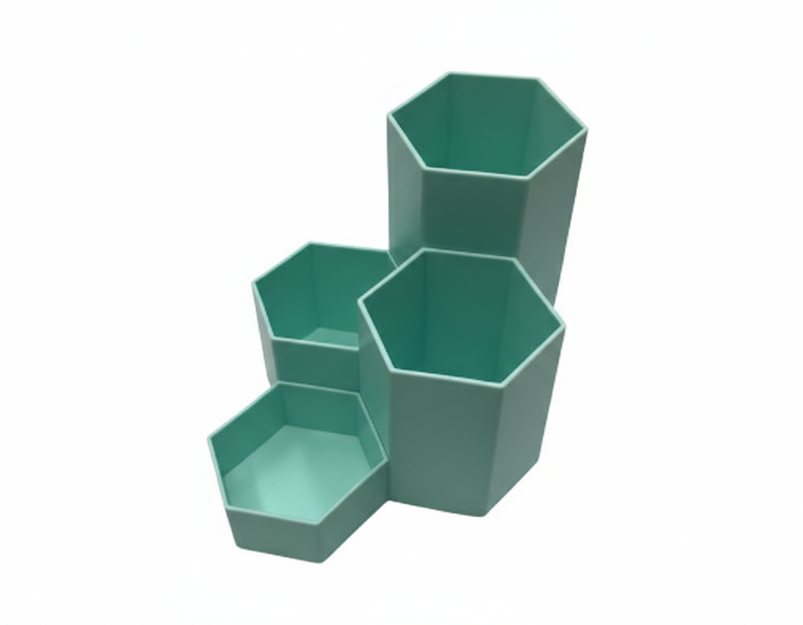 Organizator pentru birou rotund, 4 compartimente, albastru, suport pixuri, accesorii birou, plastic rezistent, multifunctional, pentru masa office, casa, scoala
