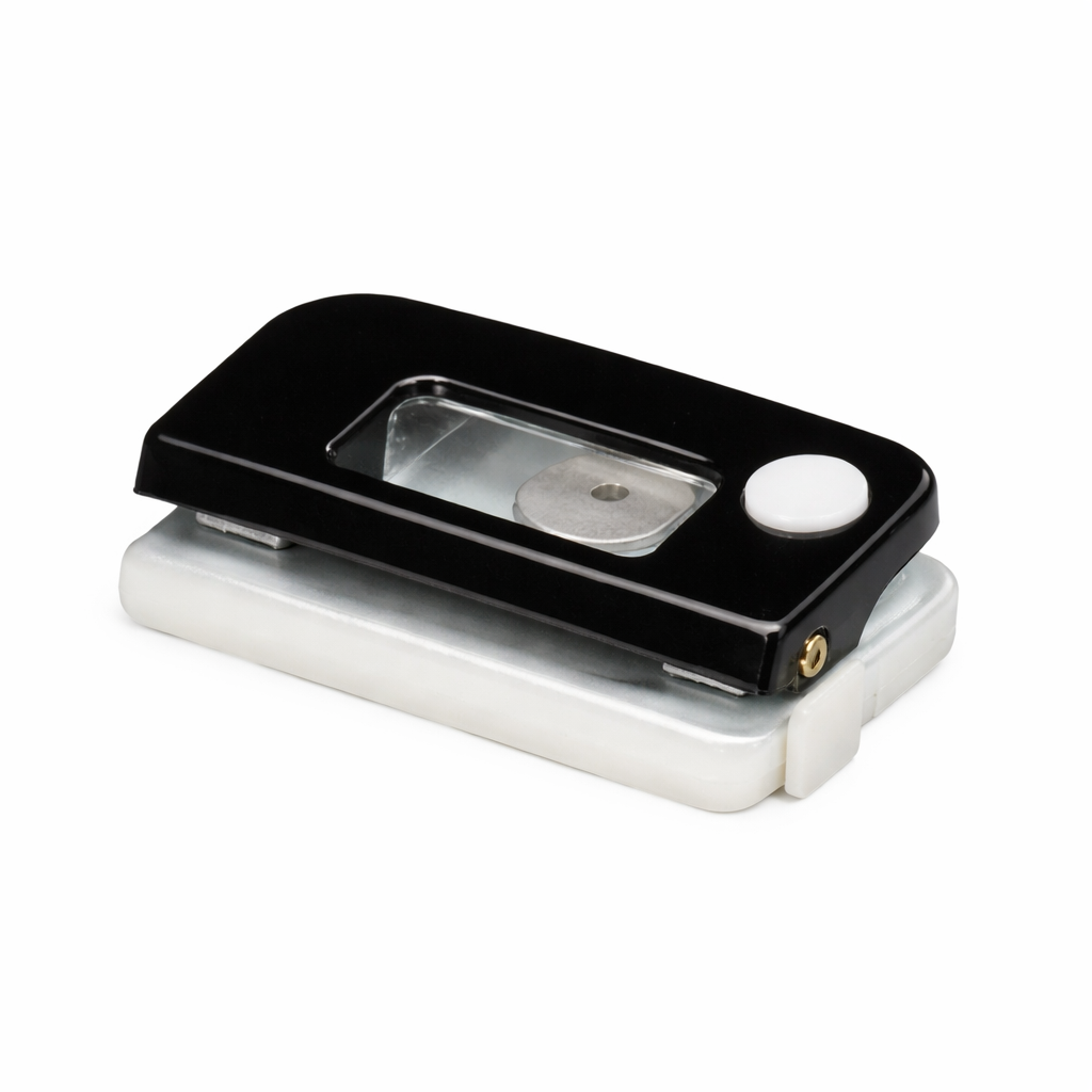 Perforator metalic 4Office 8 cm, 12 file, cu rigla si fixator, 2 gauri, negru, perforator birou compact