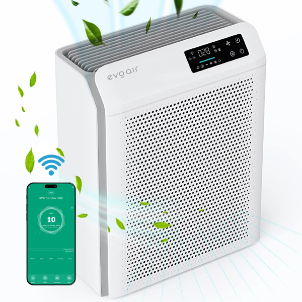 Purificator de aer Evoair HOMI P300, CADR 300m³/h, WI-FI, Filtru True Hepa, Mod Auto, Lampa UV, Ionizare, 6 Moduri Functionare, Senzor Calitate Aer, Alb