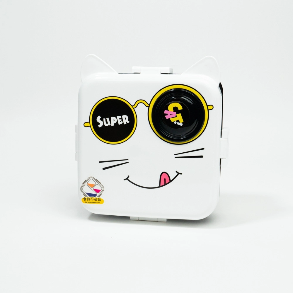 Lunch Box Pisică cu ochelari plastic+lingură+recipient pentru sos