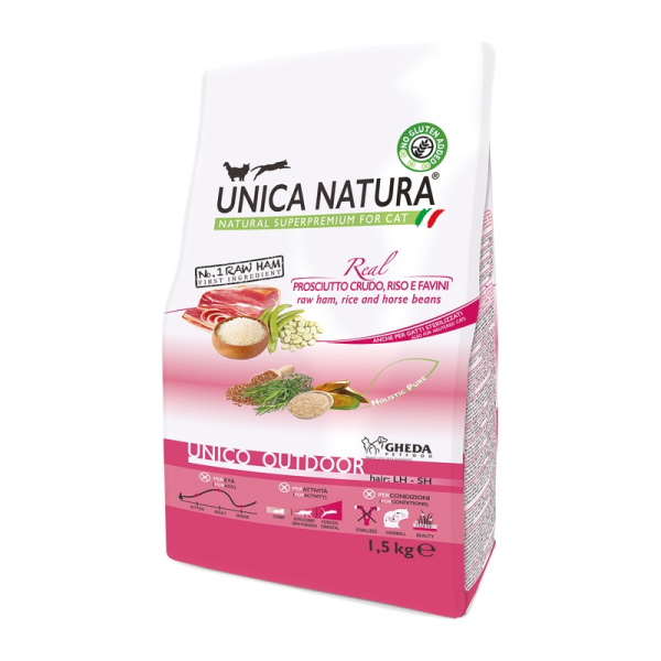 GHEDA  hrana pentru pisici Unica  Natura UNICO OUTDOOR Raw ham, Rice and Horse beans 1,5kg