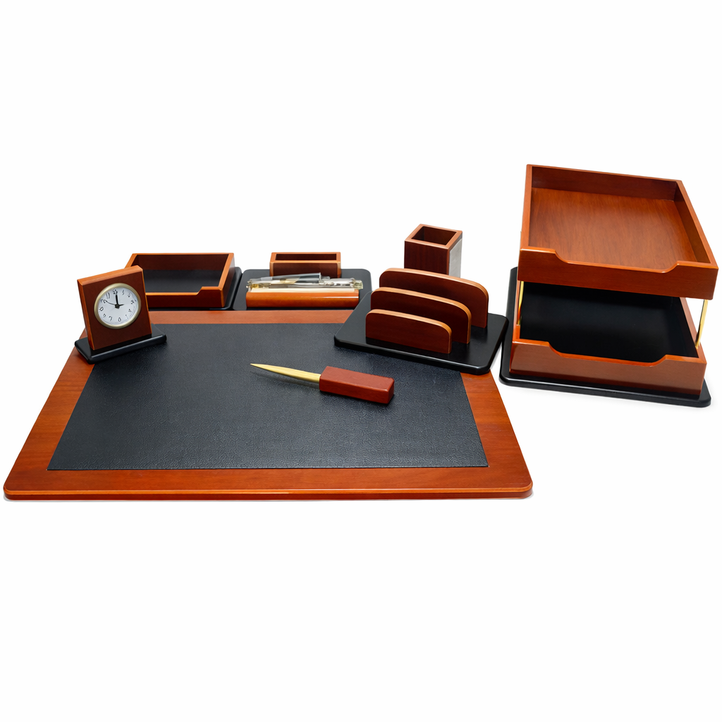 Set Birou Premium 8 Piese, Lemn Maro, Accesorii Executive, Birou Managerial