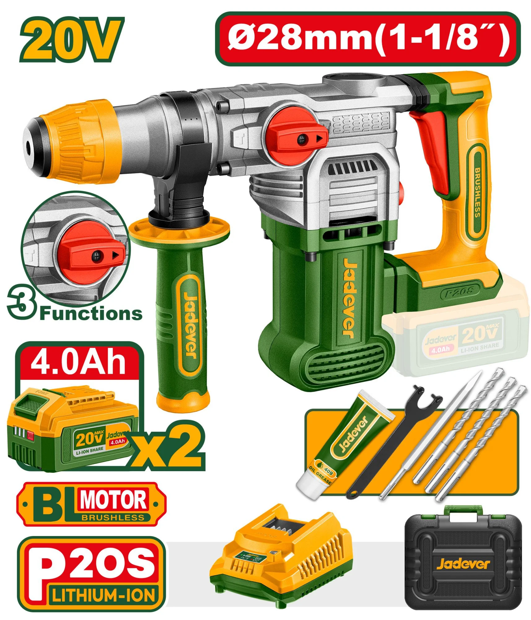 Ciocan rotopercutor cu acumulator 20V 0-930rpm, 4,5J, 4400bpm, SDS-PLus; JDLM1B283 Jadever