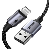 Cablu USB la Lightning UGREEN (certificat MFi), 1 m, carcasă din aluminiu, împletitură de nailon, negru | US291
