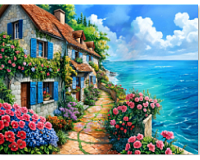 Mozaic cu Diamante 40 x 50 cm Casa de Langa Mare, Diamond Painting, Kit Creativ cu Strasuri Acrilice, Panza pe Targa