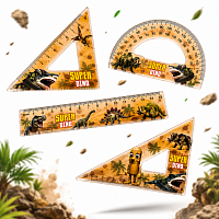 Set Geometrie Super Dino, Rigla 15 cm, 2 Echere, Transportor, 4 Piese, Pentru Scoala si Desen Tehnic
