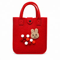 Geanta pentru Copii din Fetru cu Pompoane, Rosie, 23 x 23 x 12 cm, Aplicatie Ursulet, Reutilizabila