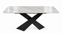 Masă de dining „Marble X” alb marmorat lucios, bază metalică tip X 160x90cm