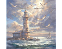 Mozaic cu Diamante 40 x 50 cm Farul si Pescarusii, Diamond Painting, Kit Creativ cu Strasuri Acrilice, Panza pe Targa