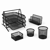 Set birou metal mesh 5 piese, organizator office complet, tavite documente, suport reviste, suport pixuri, negru