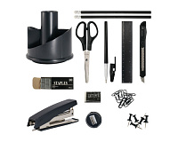 Set pentru birou, rotativ, 14 piese, organizator birou complet, suport pixuri, capsator, foarfeca, rigla, cutter, accesorii office