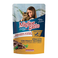 MORANDO pouch-conserve  pentru pisici MORANDO Gatto POUCH STRACCETTI POLLO/TACHINO (cu carne gaina și curcan)  100g
