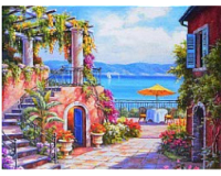 Mozaic cu Diamante 40 x 50 cm Terasa Insorita la Mare, Diamond Painting, Kit Creativ cu Strasuri Acrilice, Panza pe Targa