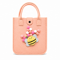 Geanta pentru Copii din Fetru cu Pompoane, Crem Roz (Peach), 23 x 23 x 12 cm, Aplicatie Albina, Reutilizabila