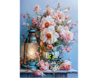 Mozaic cu Diamante 40 x 50 cm Flori si Felinar, Diamond Painting, Kit Creativ cu Strasuri Acrilice, Panza pe Targa