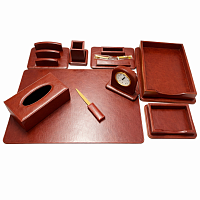 Set Birou 9 Piese, Piele Ecologică Maro, Stil Executive, Include Desk Pad Mare, Ceas Birou