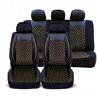 Set huse scaune auto universale, piele ecologica neagra cu material textil negru si cusaturi galbene, fata-spate